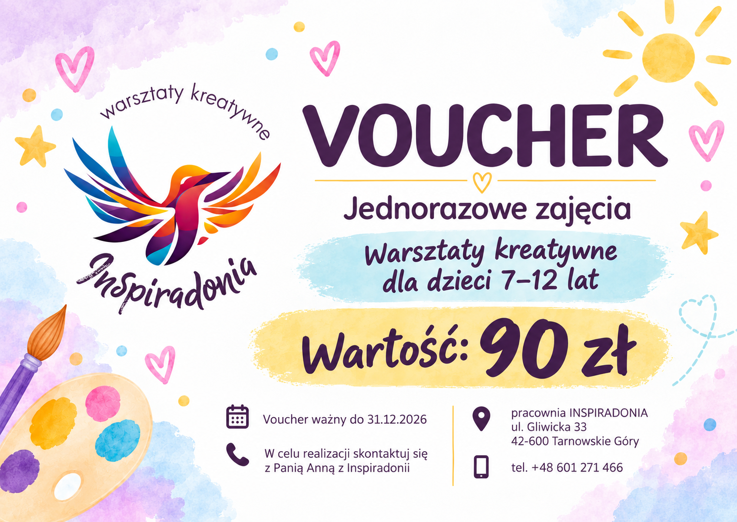 Voucher Inspiradonia na jednorazowe warsztaty kreatywne dla dzieci o wartości 90 zł, ważny do 31 grudnia 2026