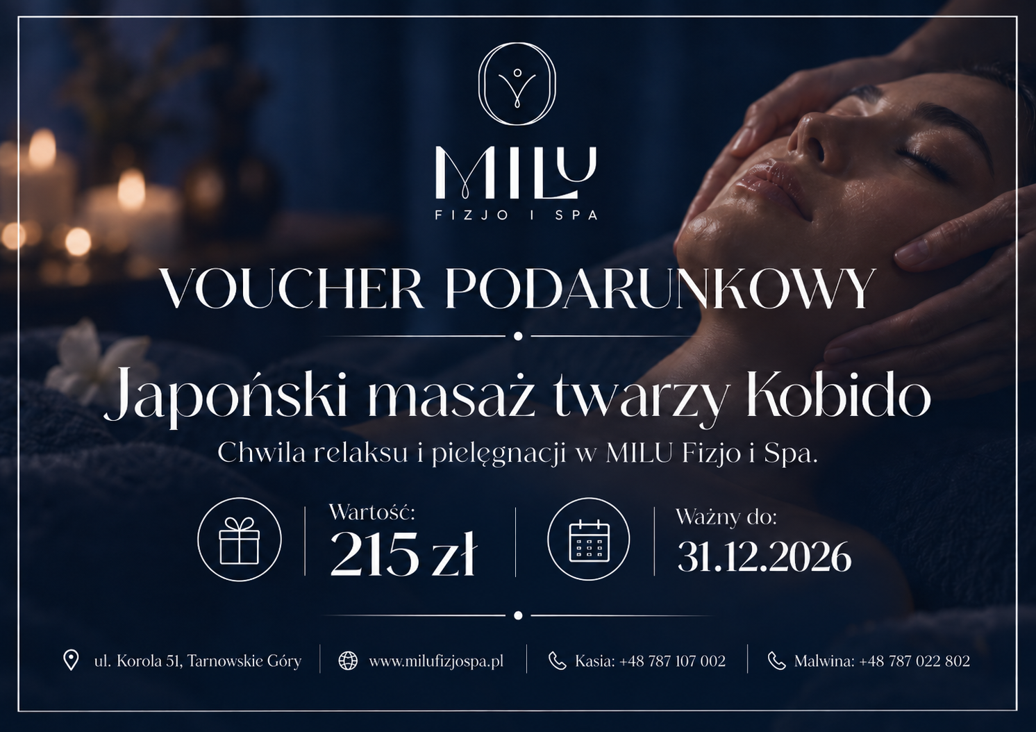 Voucher MILU na japoński masaż twarzy Kobido o wartości 215 zł, ważny do 31 grudnia 2026